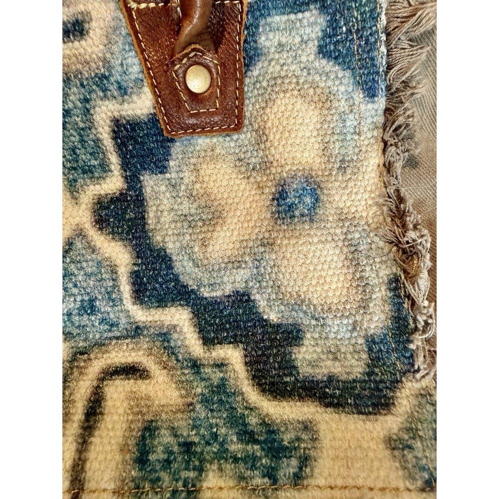 MYRA BAG Aqua Blue Canvas Floral Print Leather Handles Tote 100% cotton - Picture 2 of 16